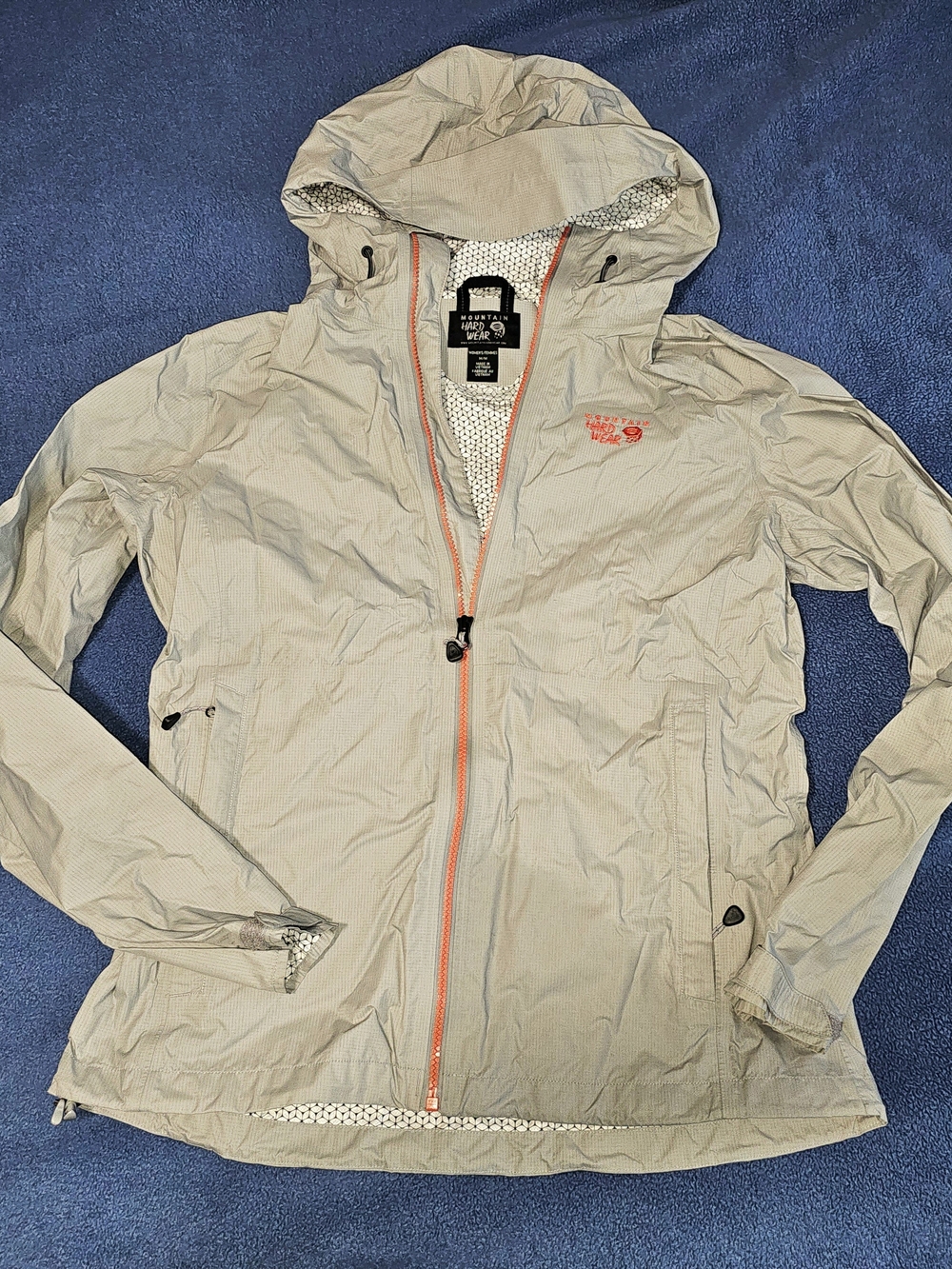 Mountain Hardwear Women's Light Gray Hooded Rain Jacke with Coral Accents Medium